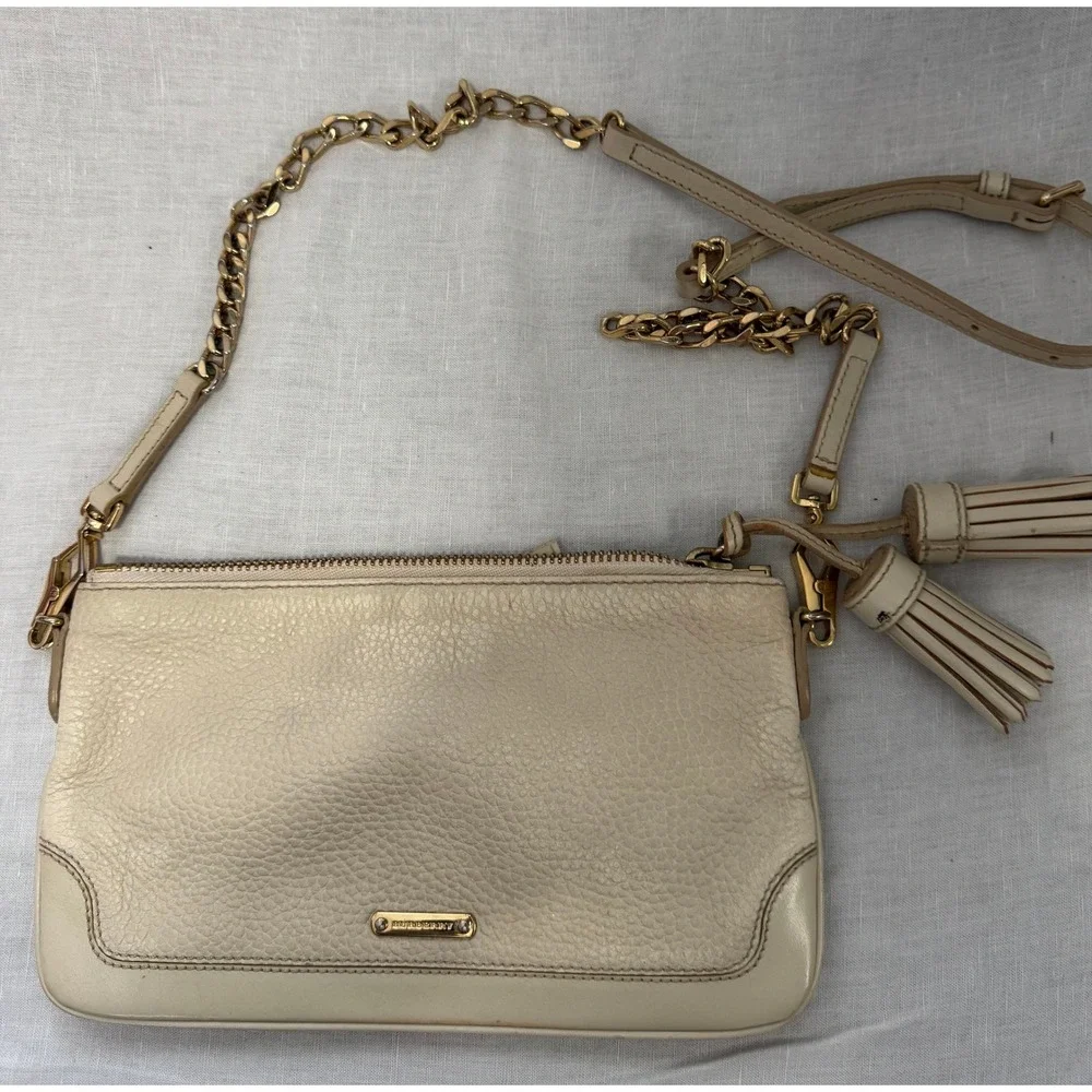 Burberry‎ Cream Pebbled Calf Leather Crossbody Bag Tassel Gold Hardware #611